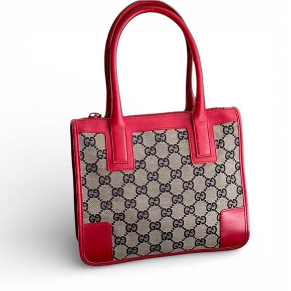 Vintage Gucci Mini GG Canvas Bag Red Leather Trim | Rare Structured Top Handle - Picture 2 of 7